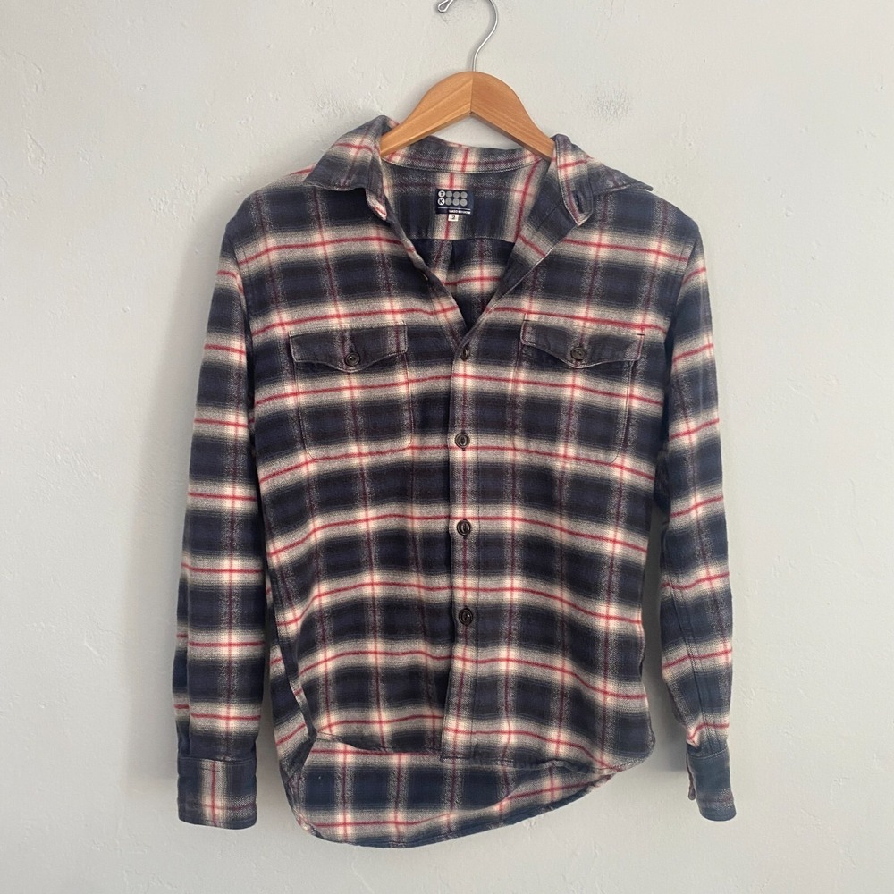 Takeo Kikuchi Flannel Shirt Men Size 2 Medium Black Red Button Up Missing Button
